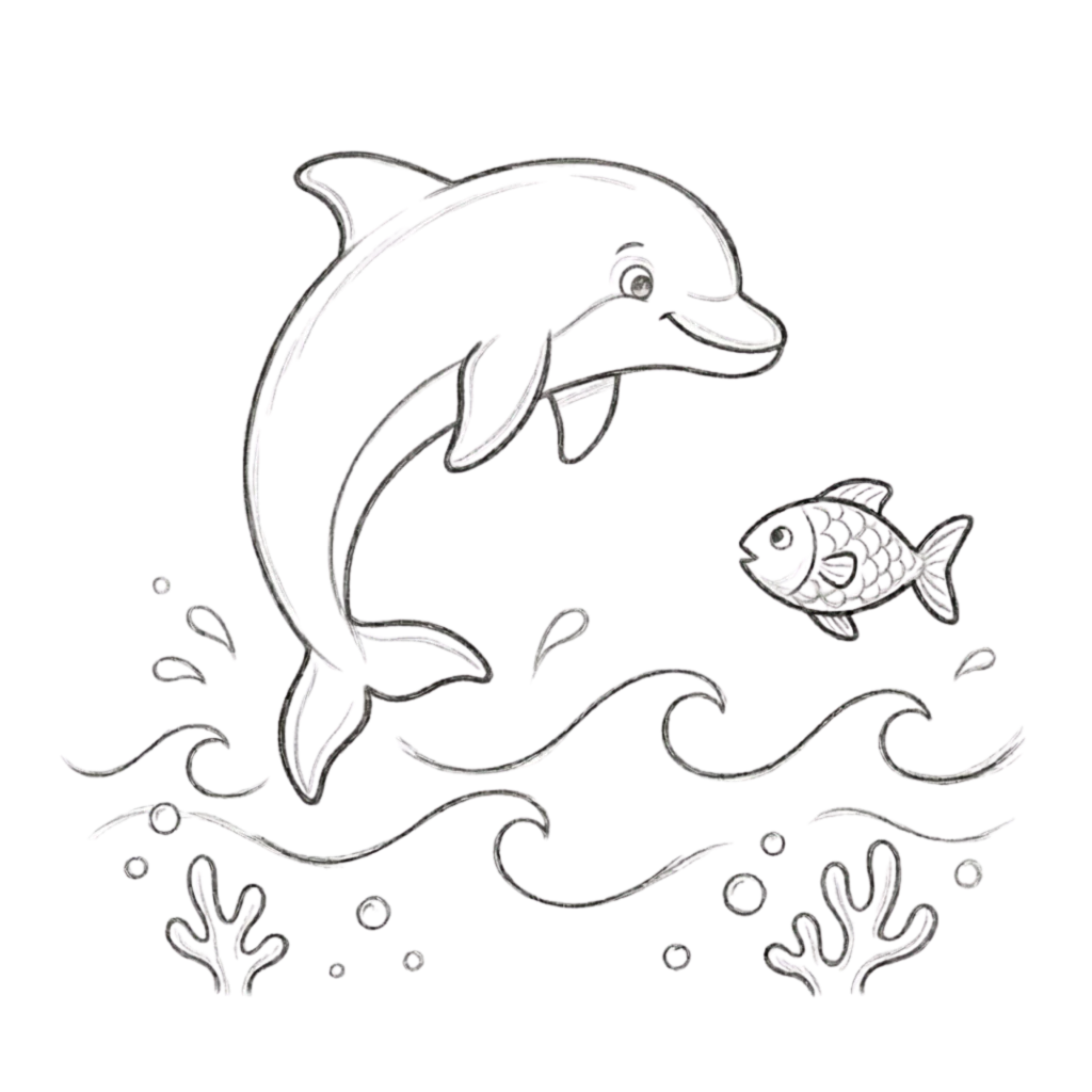 Dolphin with Fish Drawing