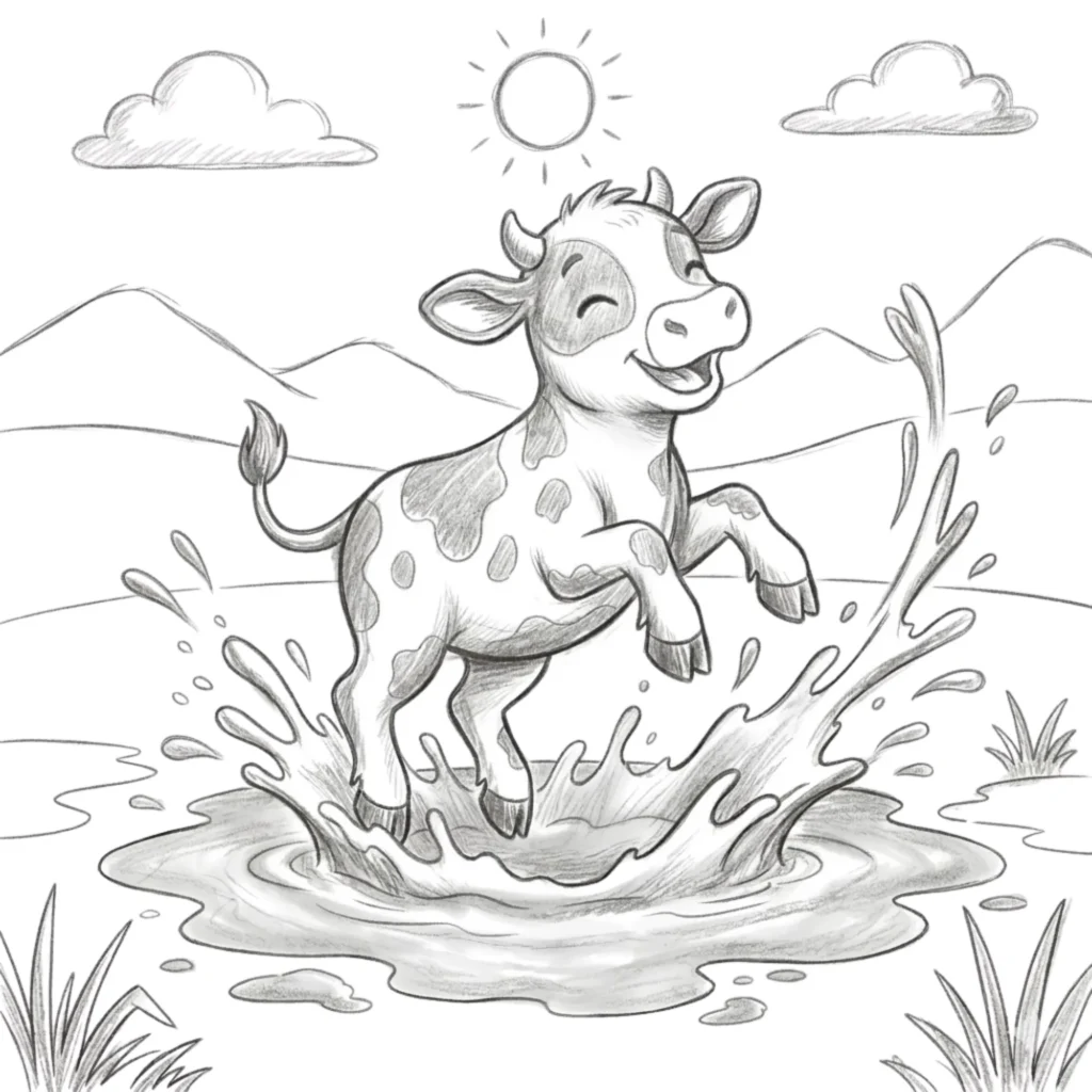 Little Cow Playing in the Mud