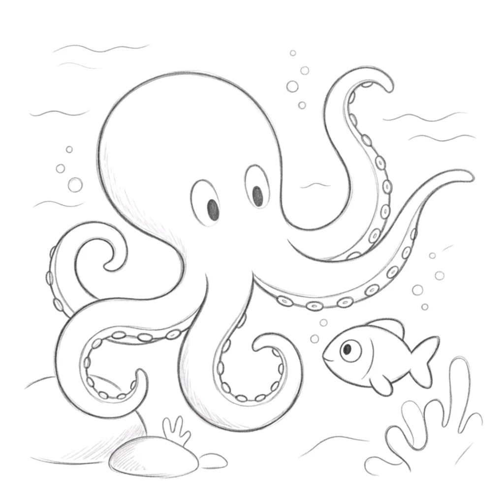 Octopus with Fish Drawing