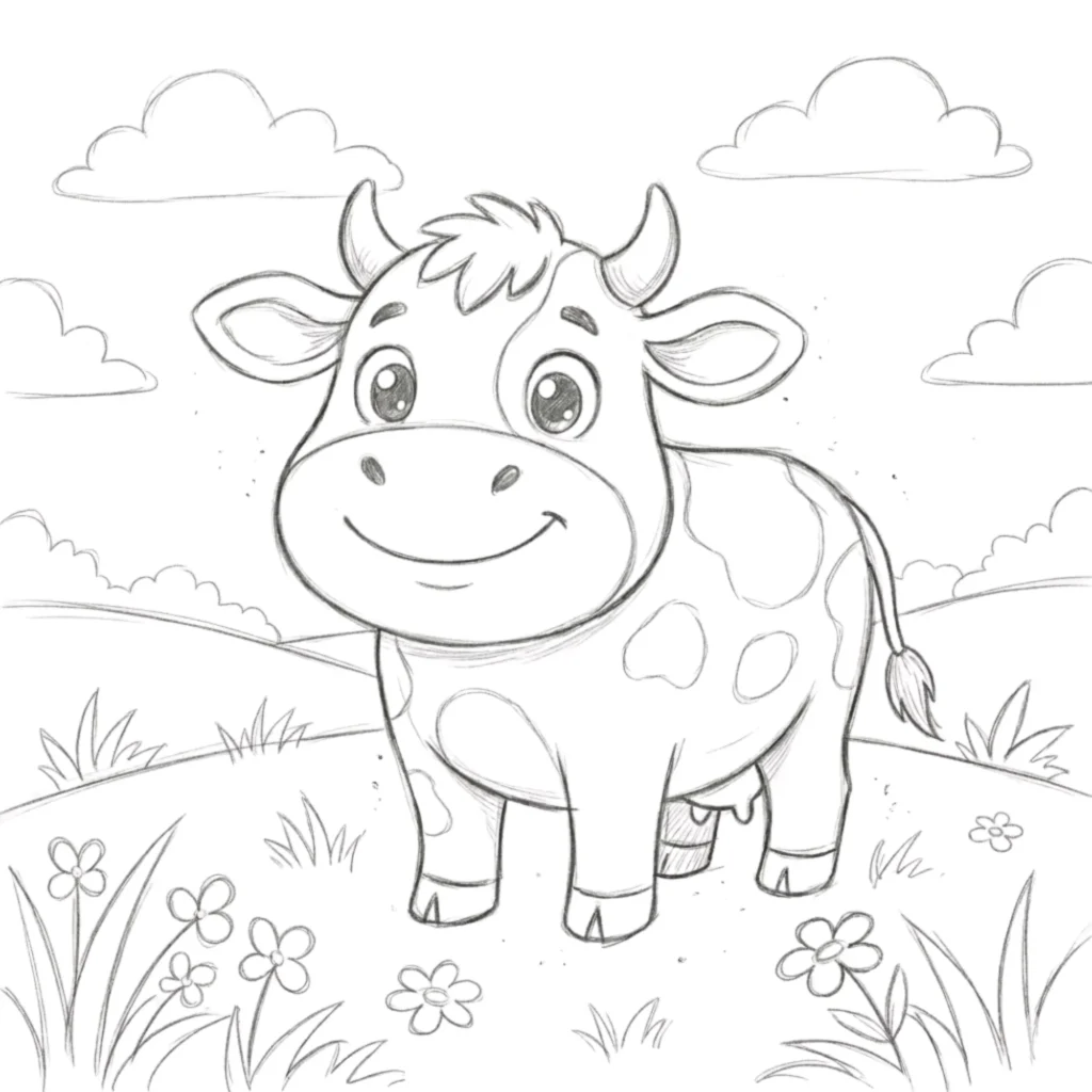 Smiling Cartoon Cow with Big Eyes