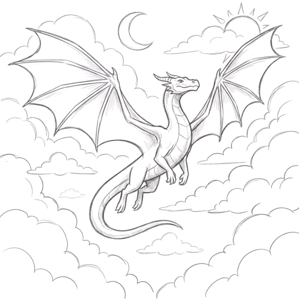 Dragon Soaring Clouds Drawing